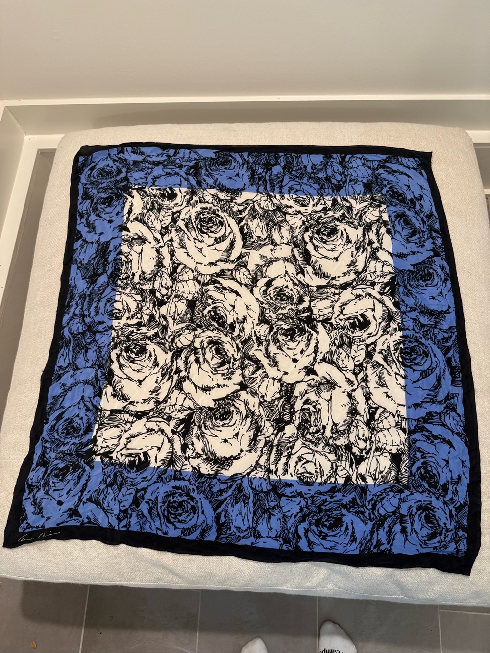 Anne Klein Black White and Blue Rose Print Silk Scarf